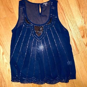 Charolette Russe Navy Chiffon Beaded Blouse